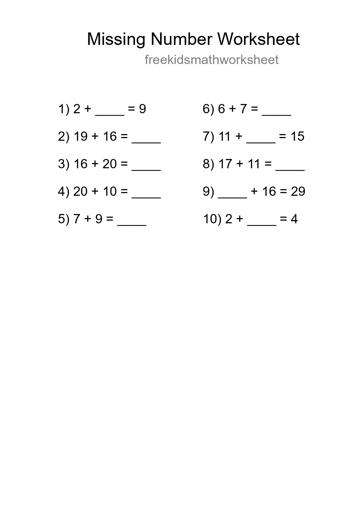 Missing Number Math Worksheet