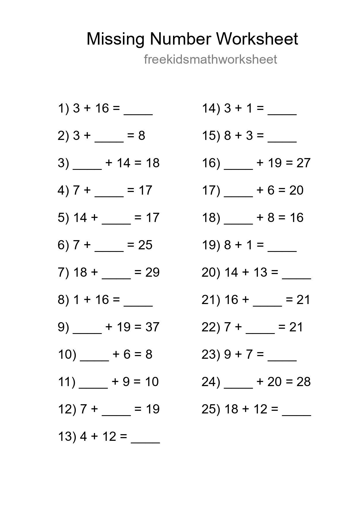 Missing Number Math Worksheet
