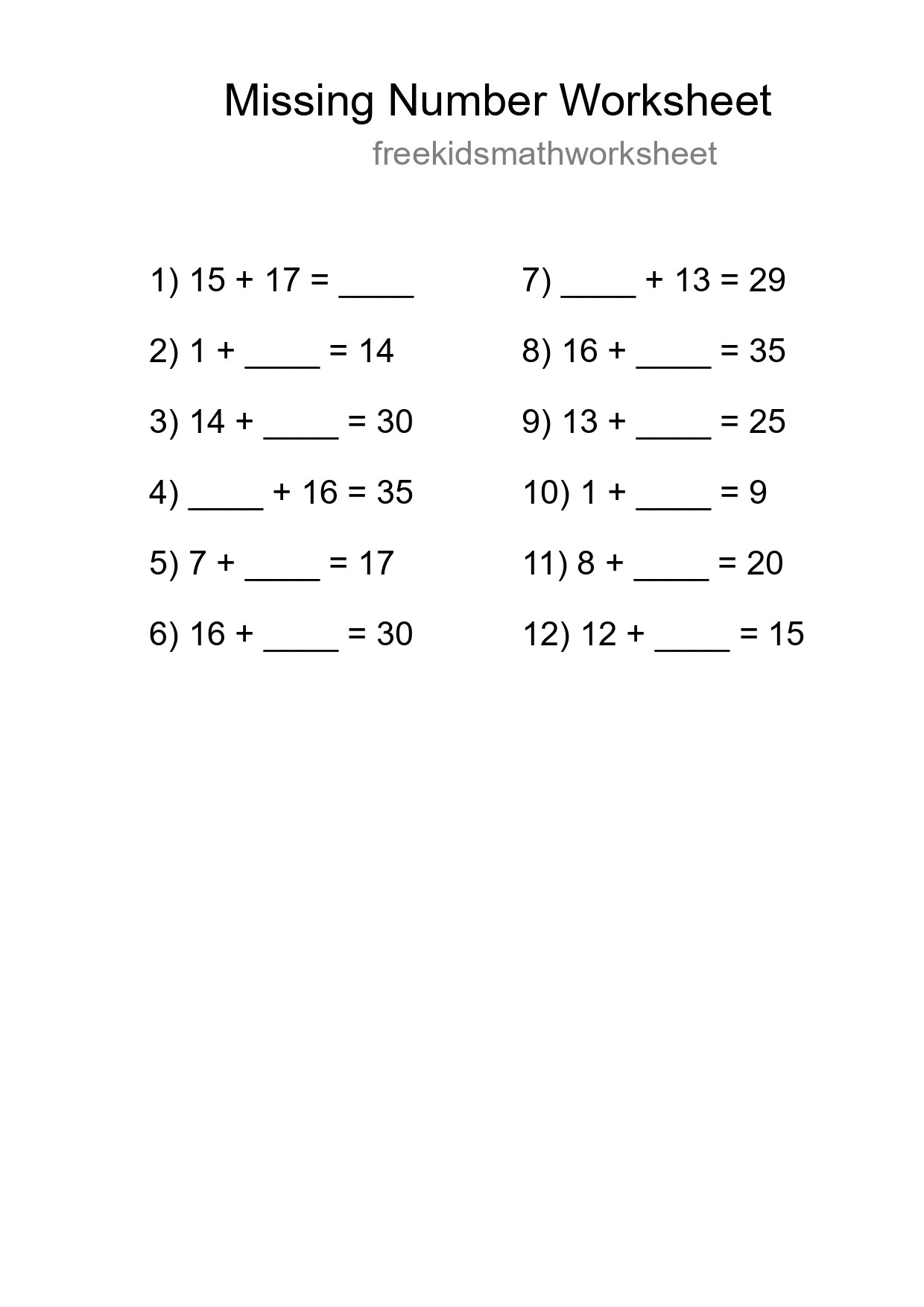 Missing Number Math Worksheet