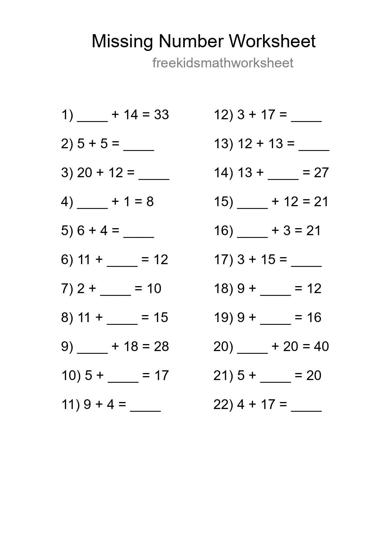 Missing Number Math Worksheet