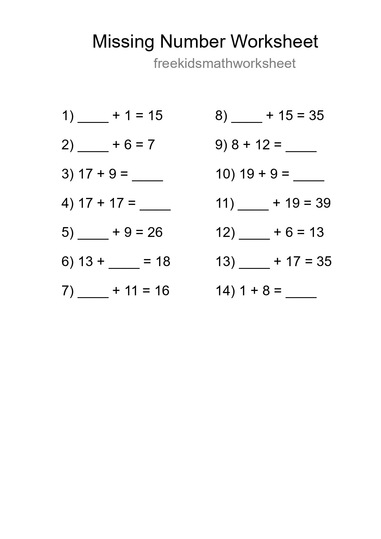 Missing Number Math Worksheet