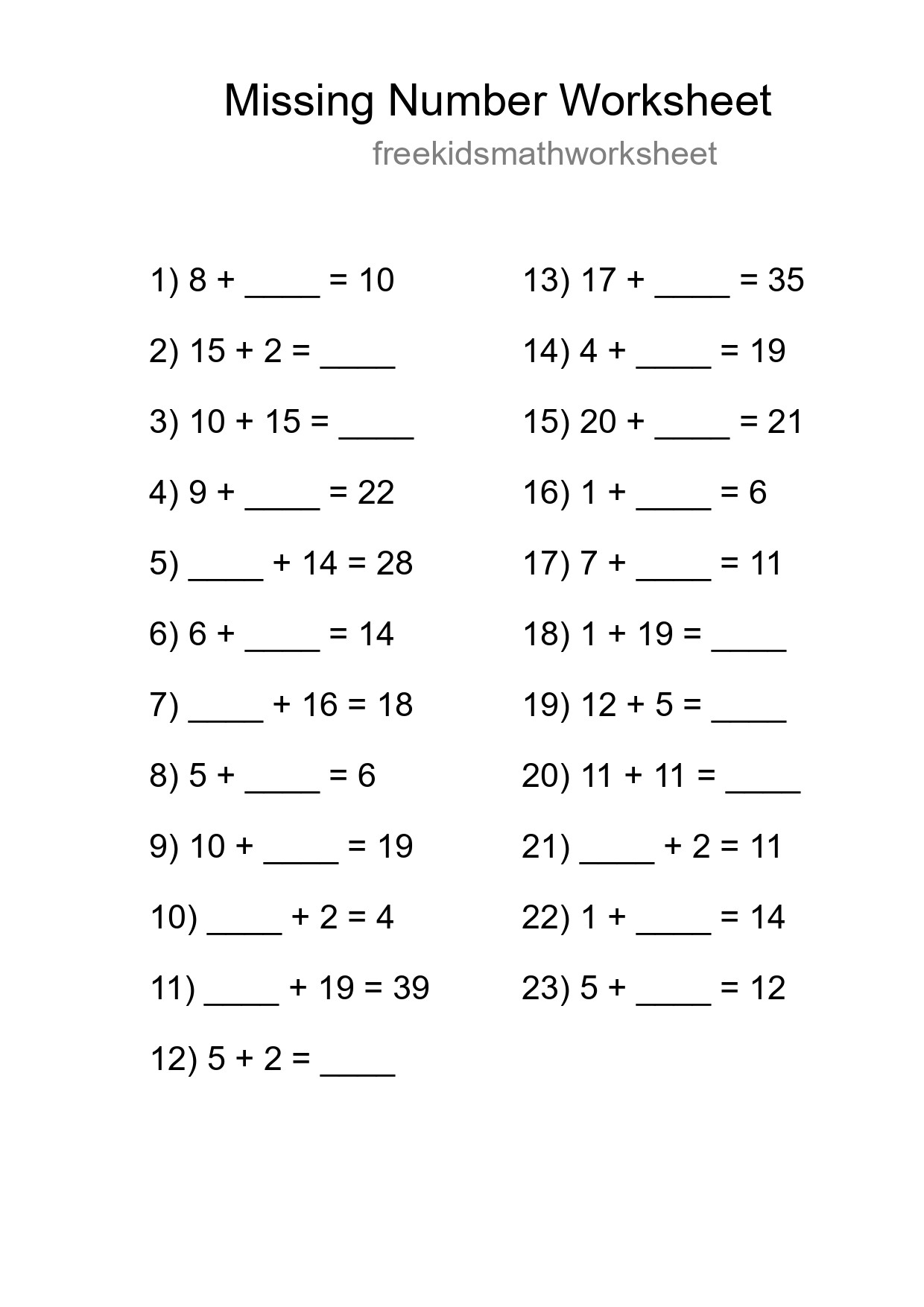 Missing Number Math Worksheet