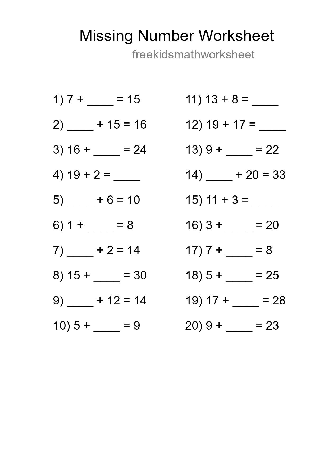 Missing Number Math Worksheet