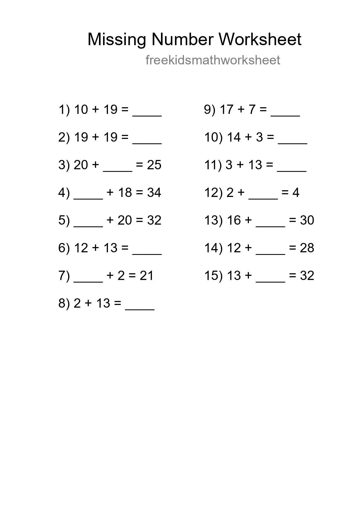 Missing Number Math Worksheet