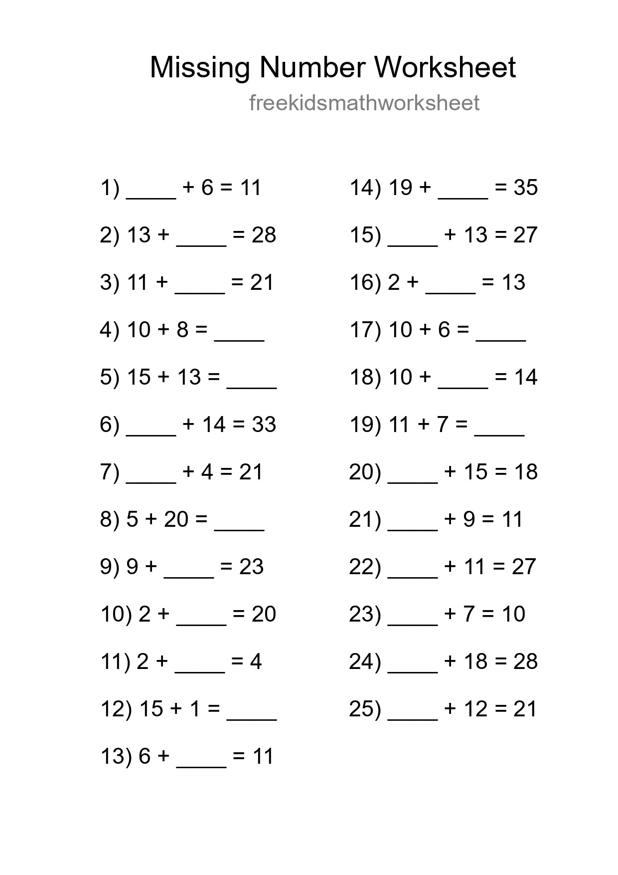 Missing Number Math Worksheet