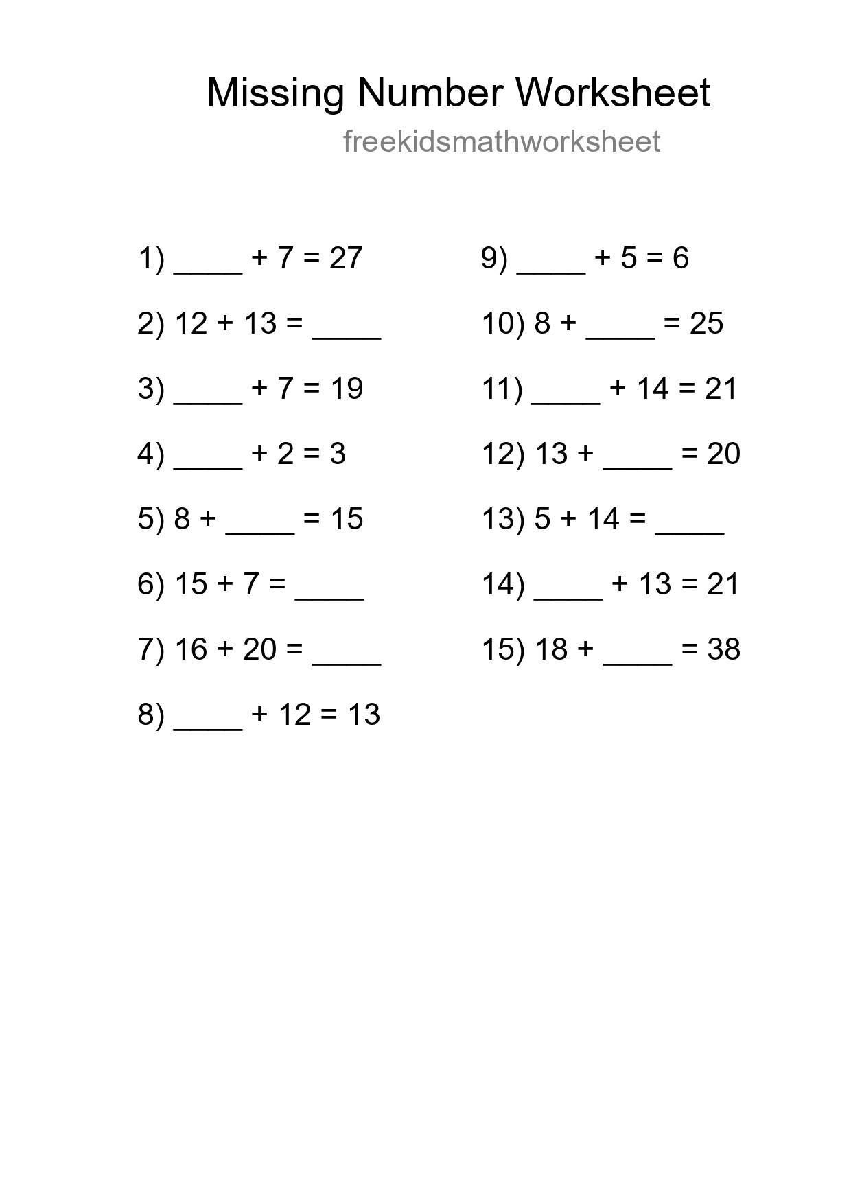 Missing Number Math Worksheet