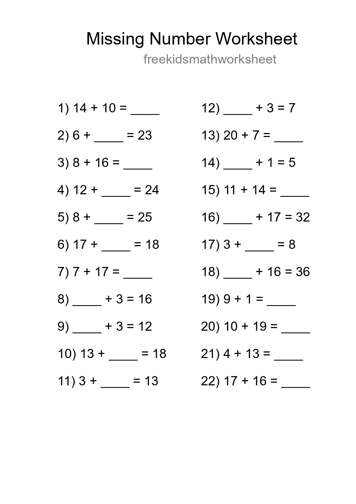 Missing Number Math Worksheet
