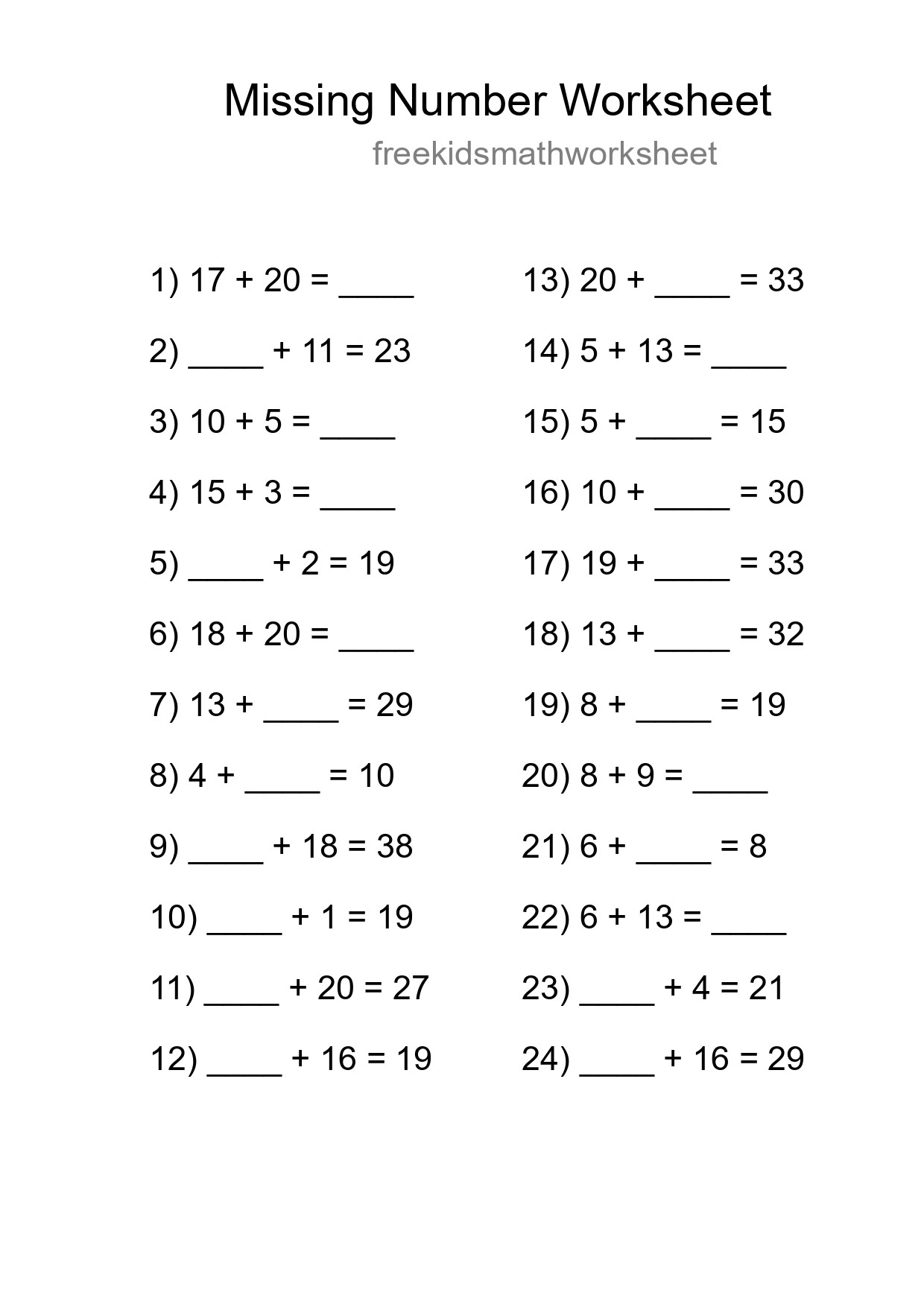 Missing Number Math Worksheet