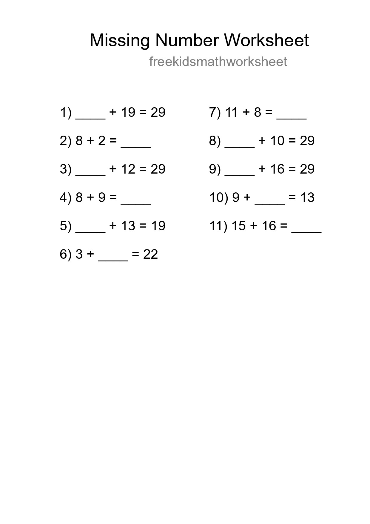 Missing Number Math Worksheet