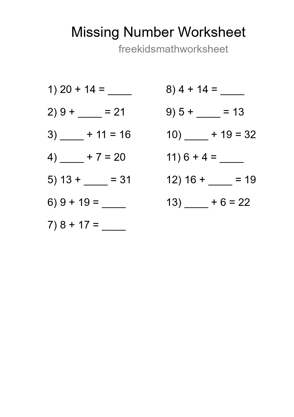Missing Number Math Worksheet