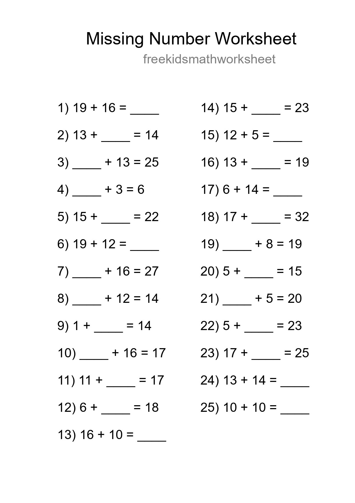 Missing Number Math Worksheet