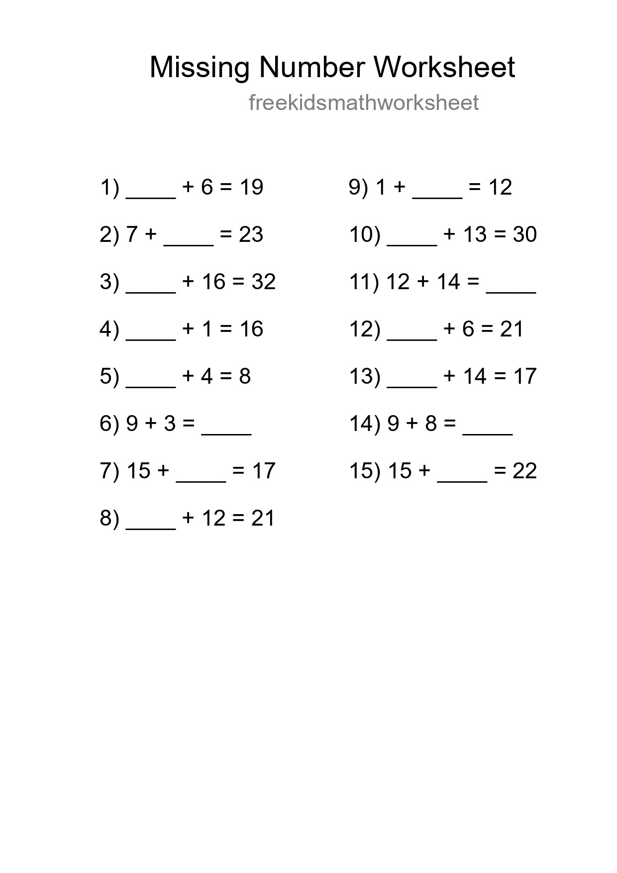 Missing Number Math Worksheet