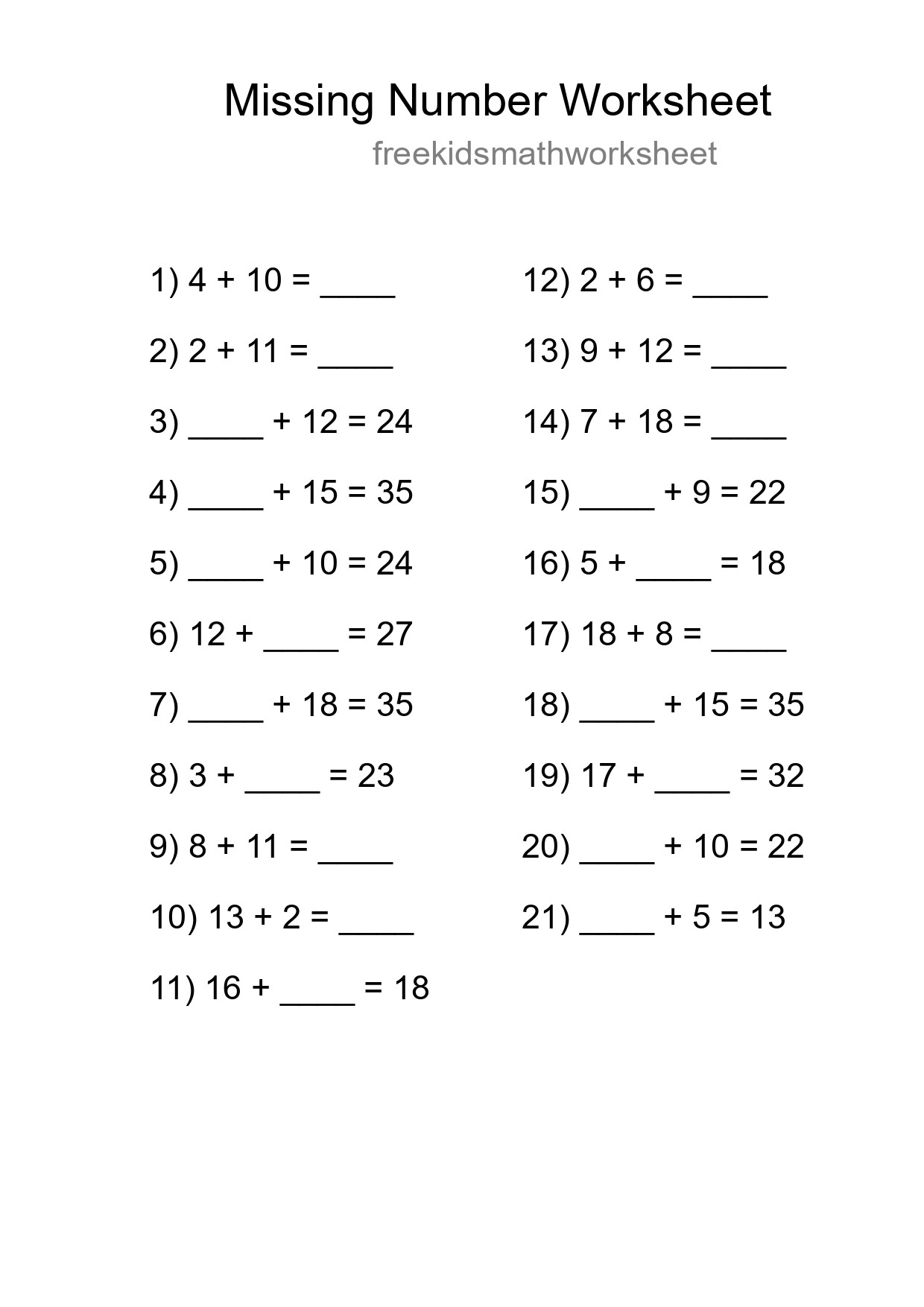 Missing Number Math Worksheet