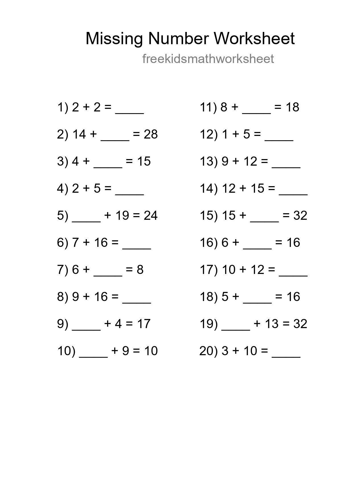 Missing Number Math Worksheet