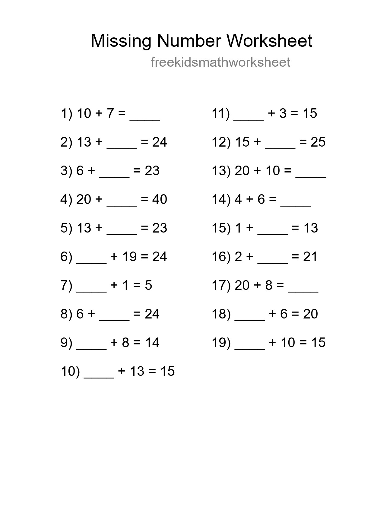Missing Number Math Worksheet