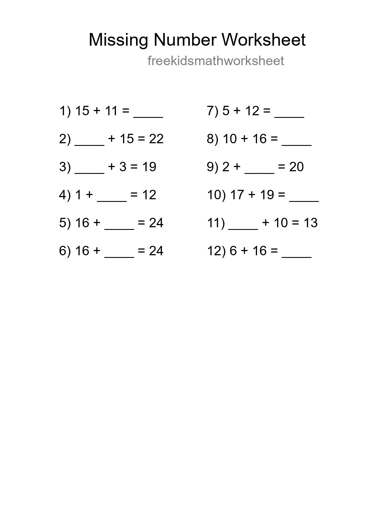 Missing Number Math Worksheet