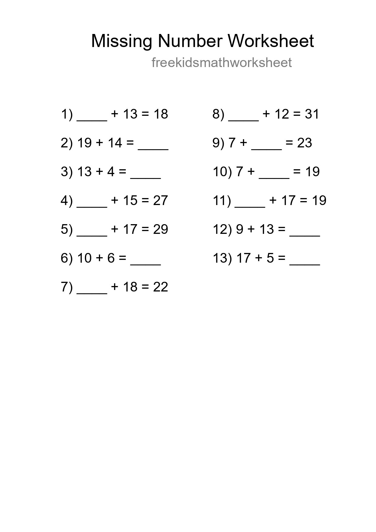 Missing Number Math Worksheet