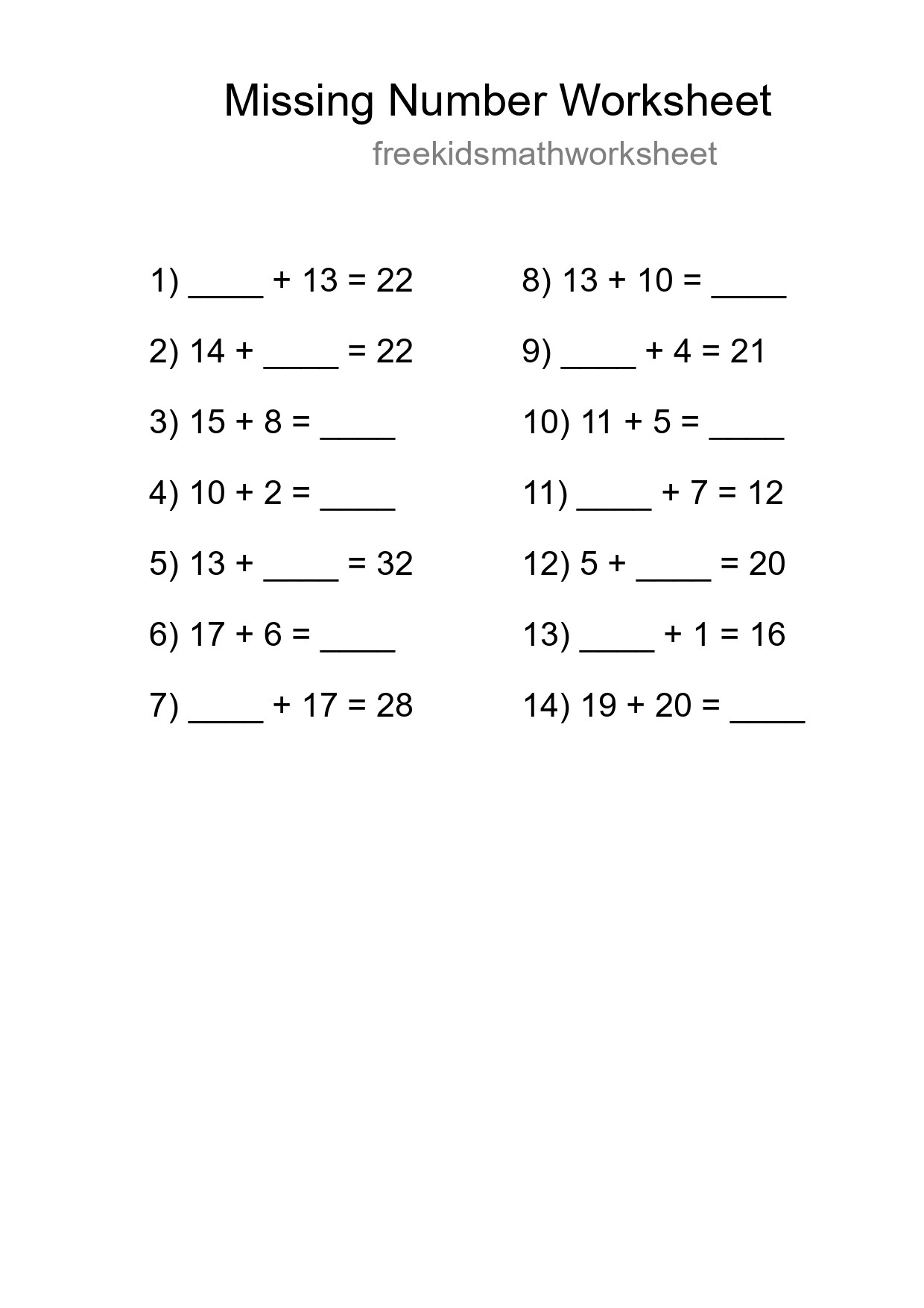 Missing Number Math Worksheet