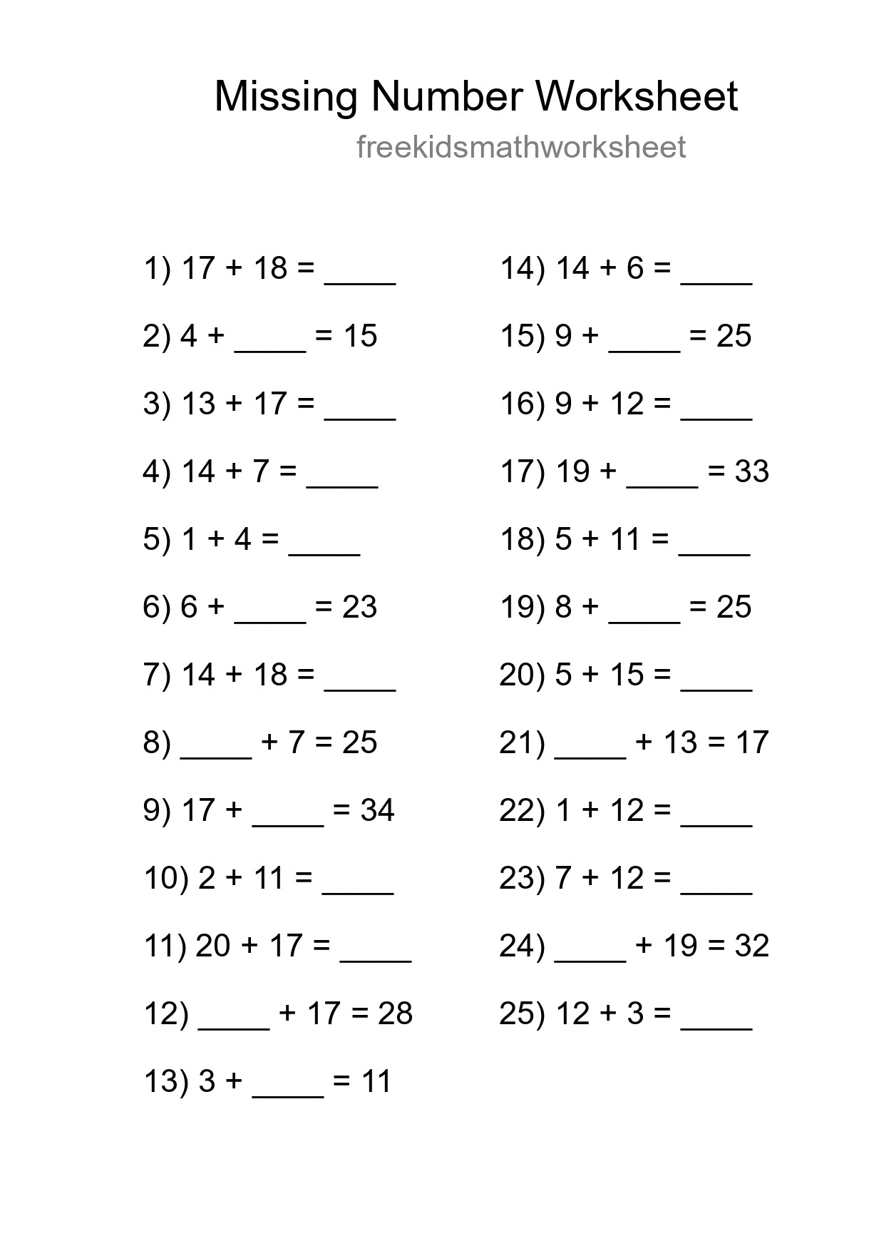 Missing Number Math Worksheet