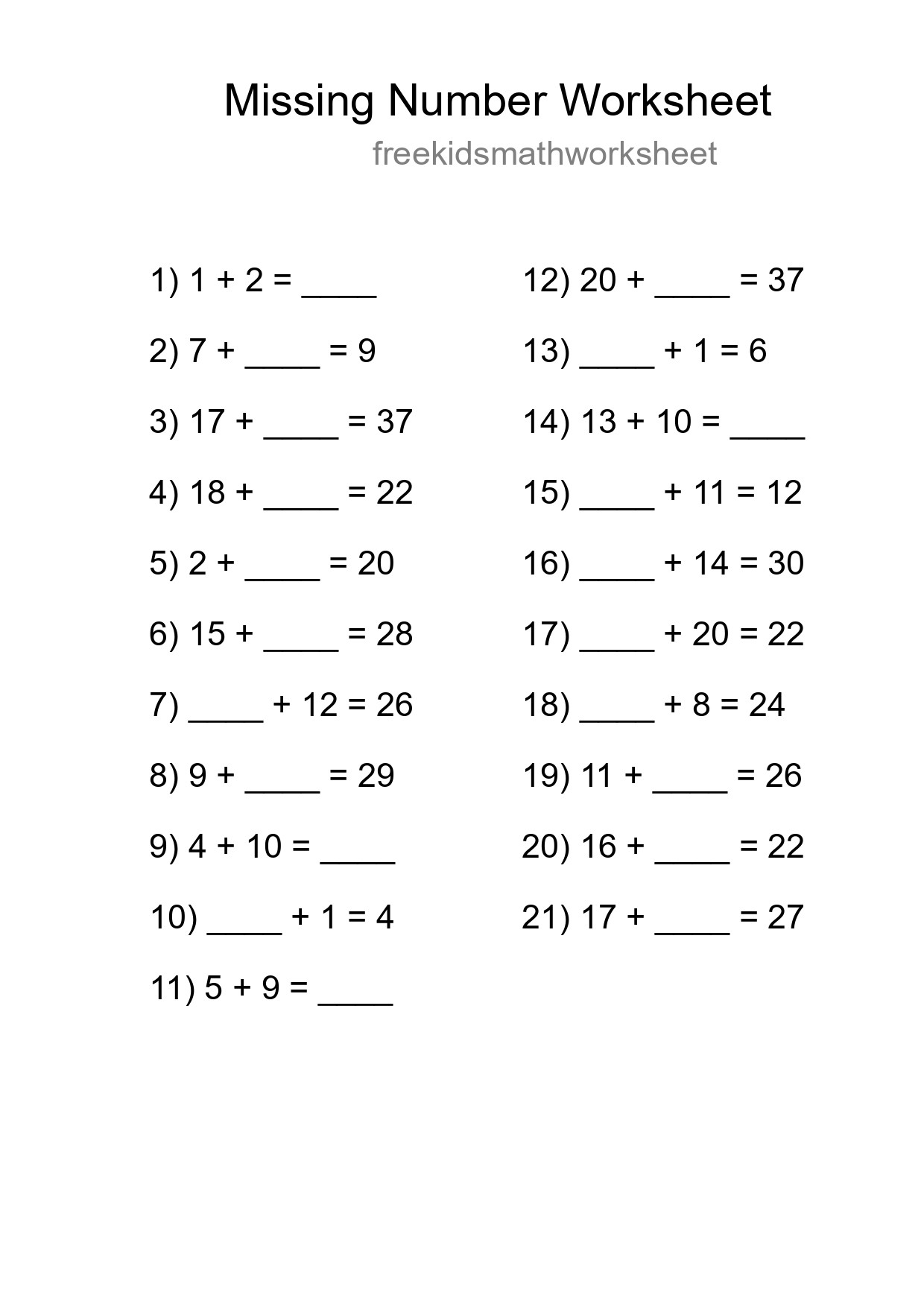 Missing Number Math Worksheet