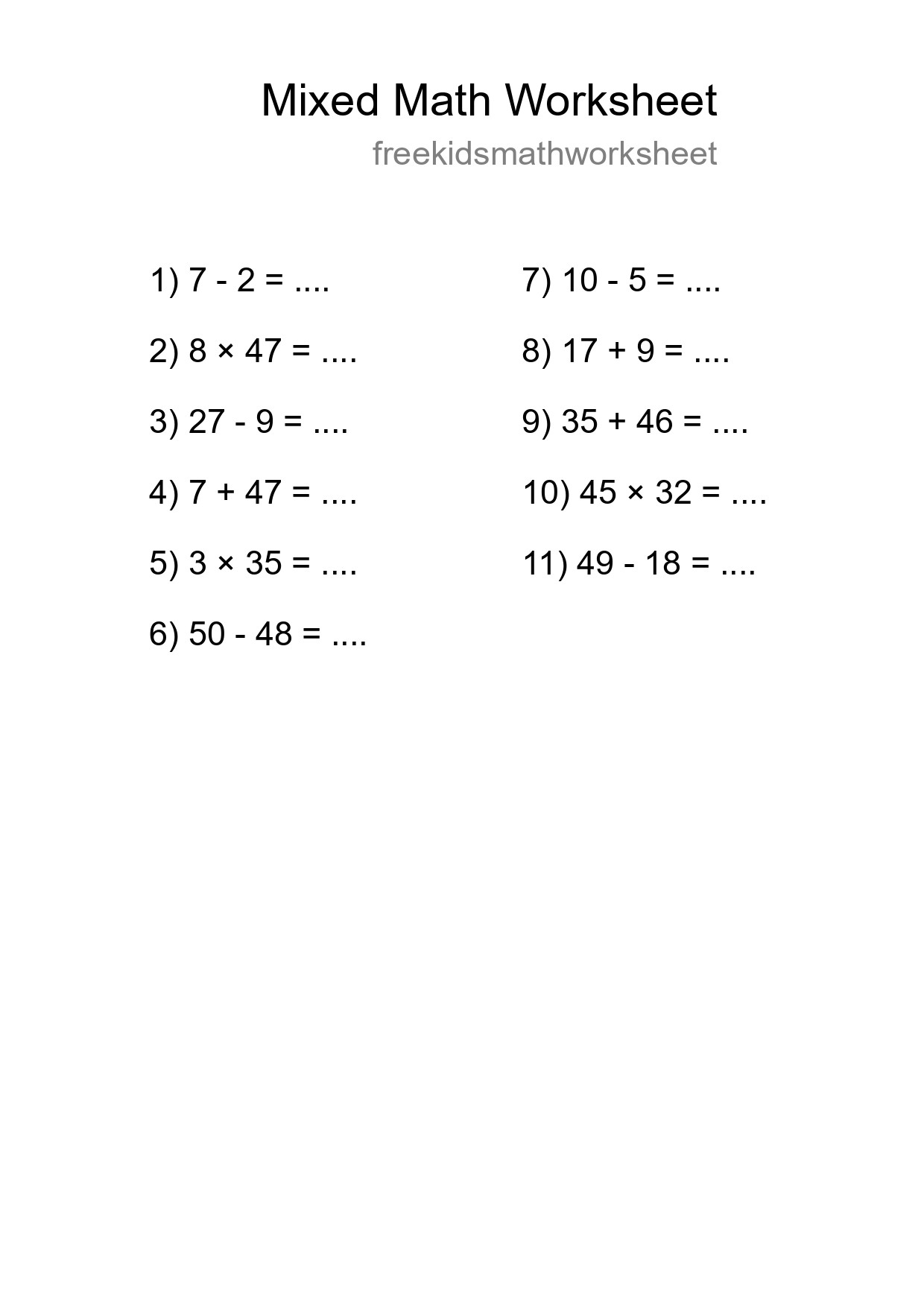 Mixed Operations Math Worksheet