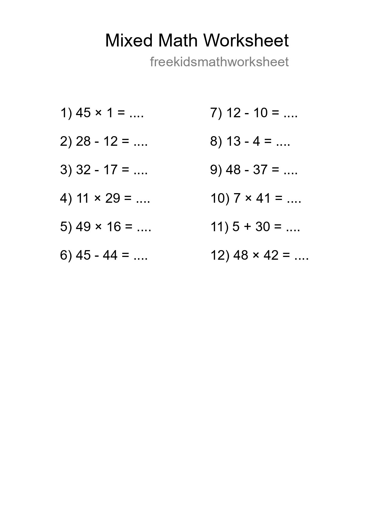 Mixed Operations Math Worksheet