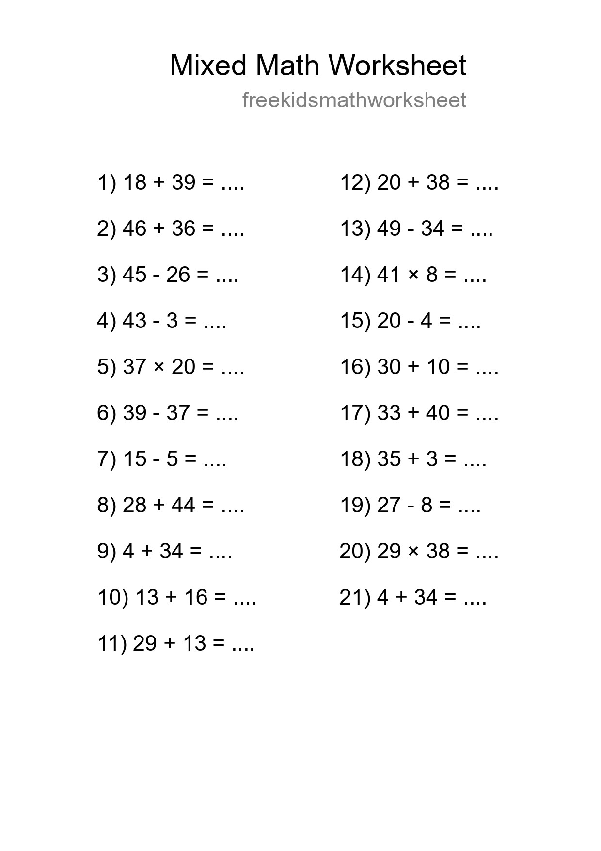 Mixed Operations Math Worksheet