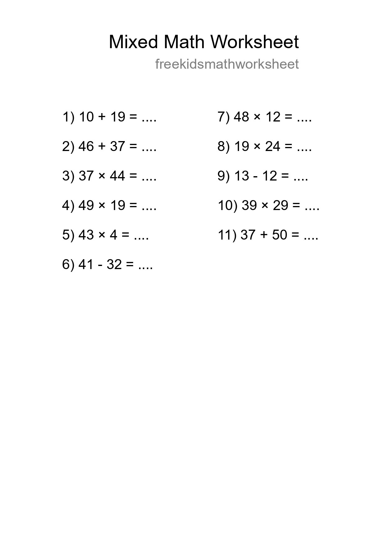 Mixed Operations Math Worksheet