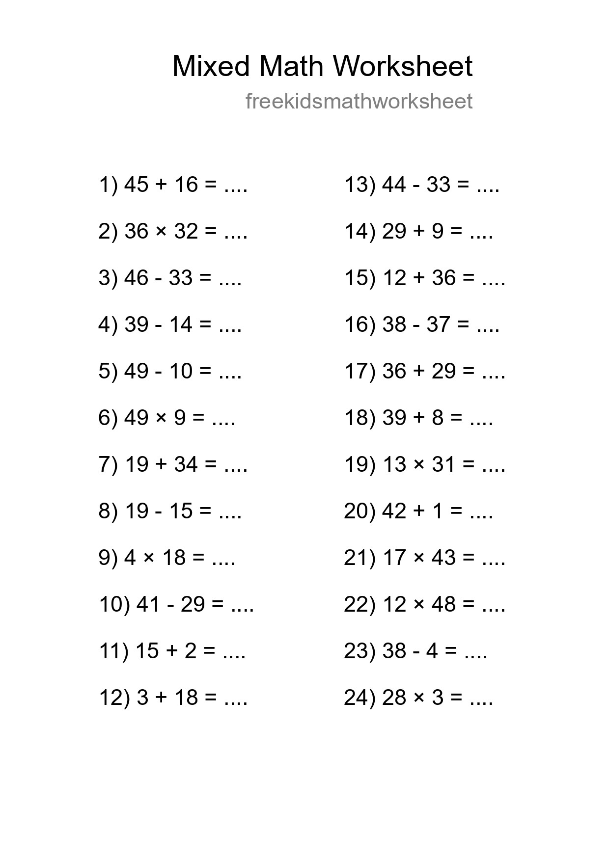 Mixed Operations Math Worksheet