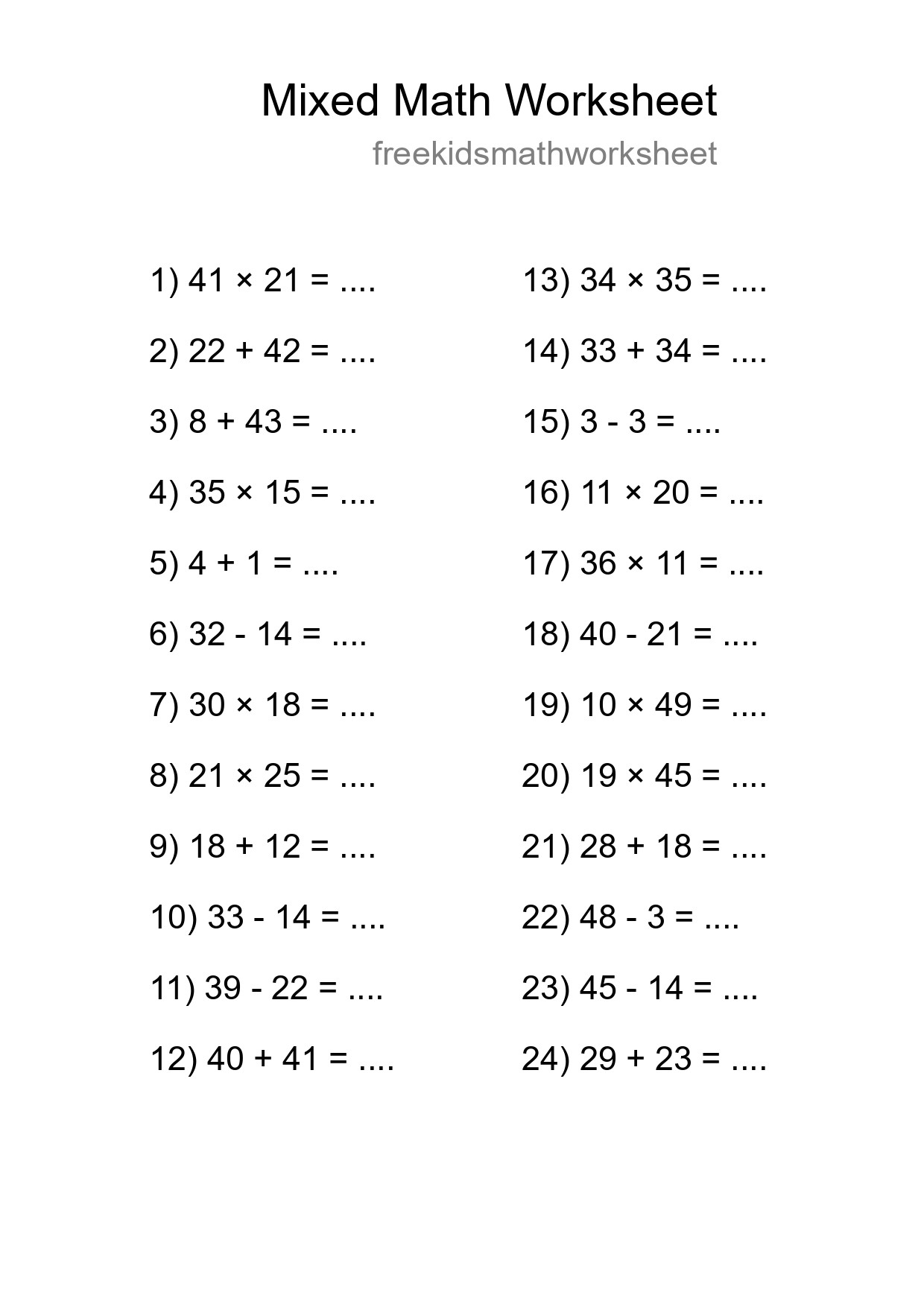 Mixed Operations Math Worksheet