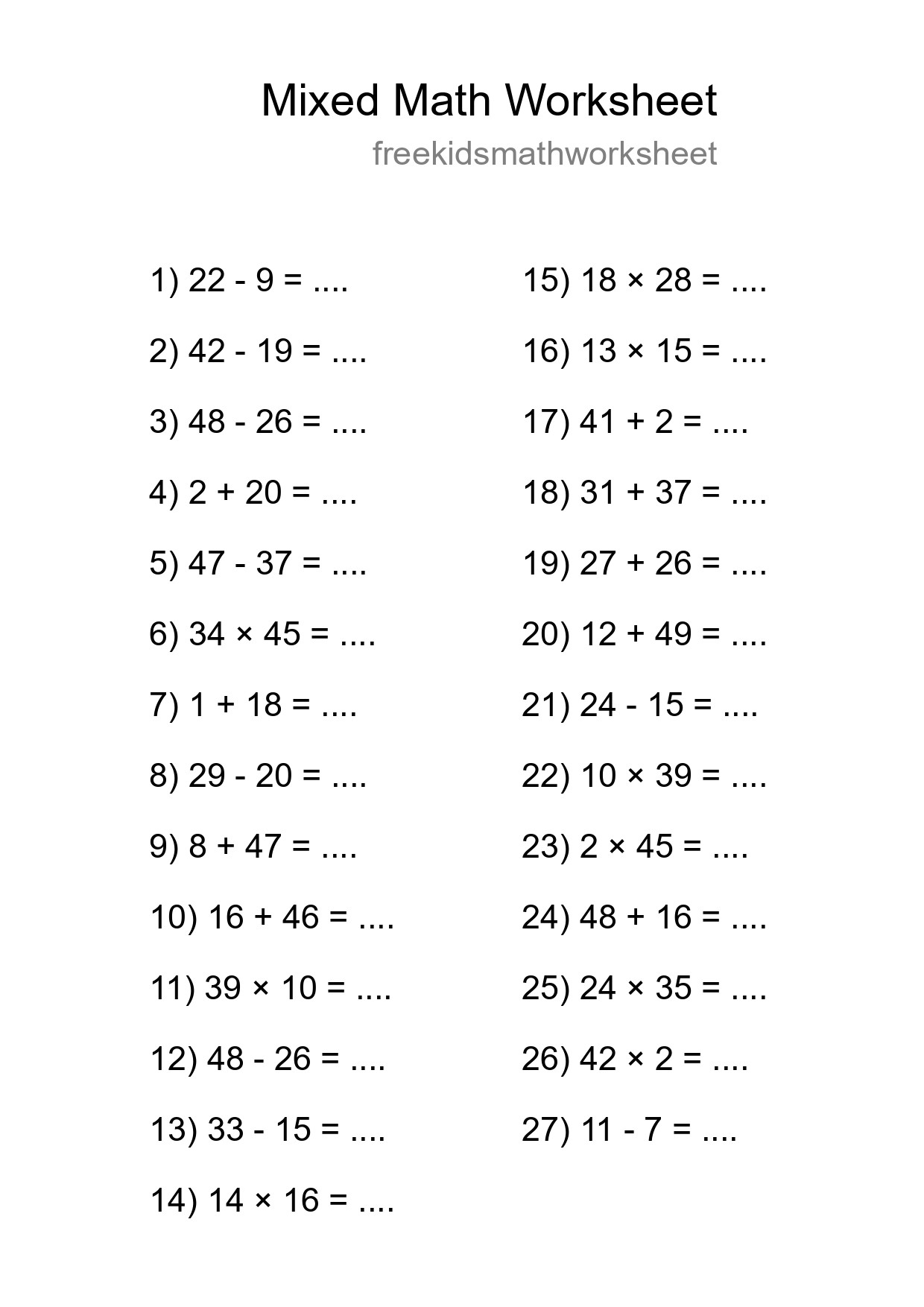 Mixed Operations Math Worksheet