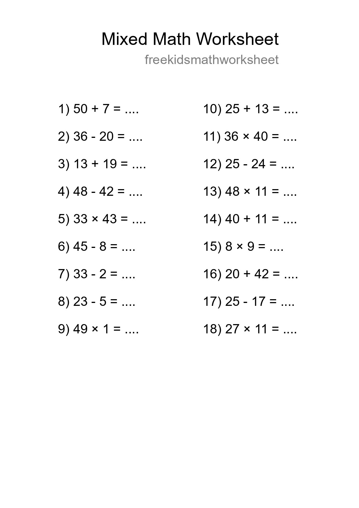 Mixed Operations Math Worksheet