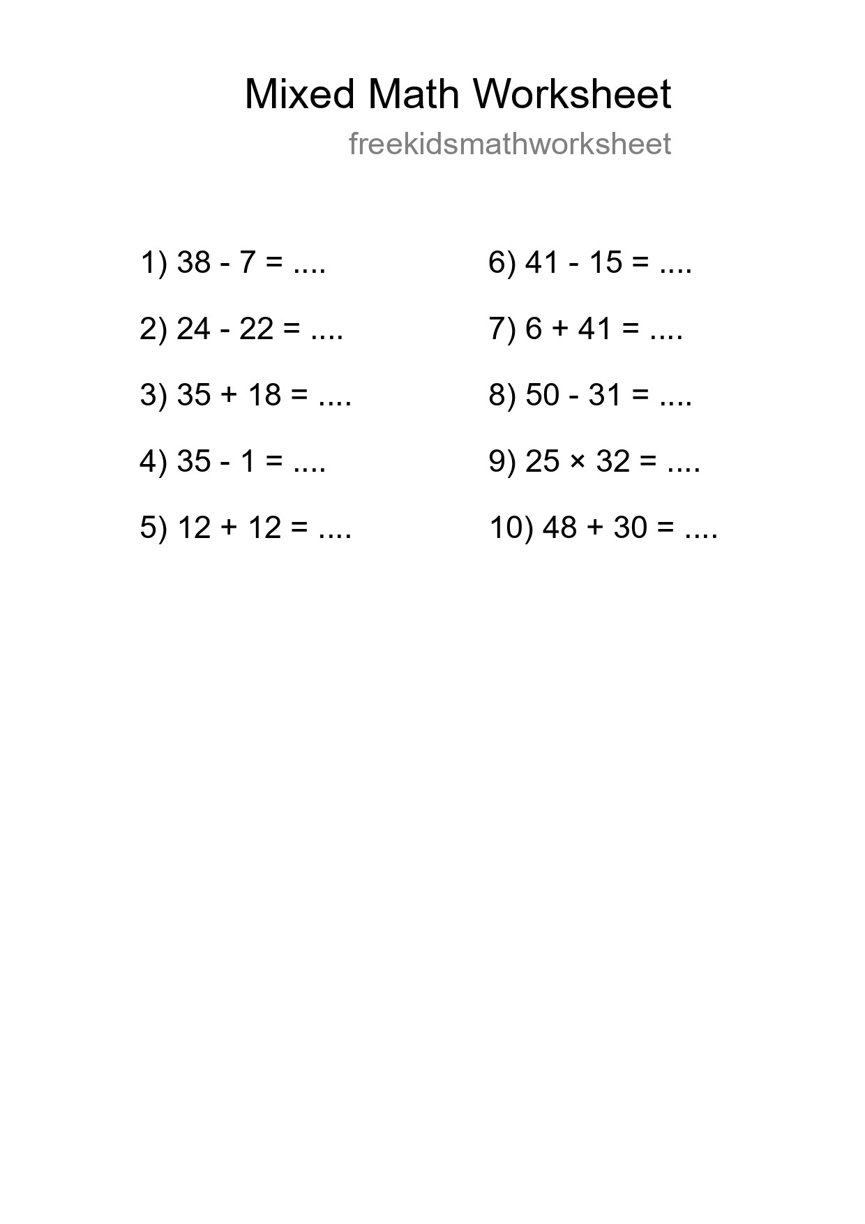 Mixed Operations Math Worksheet