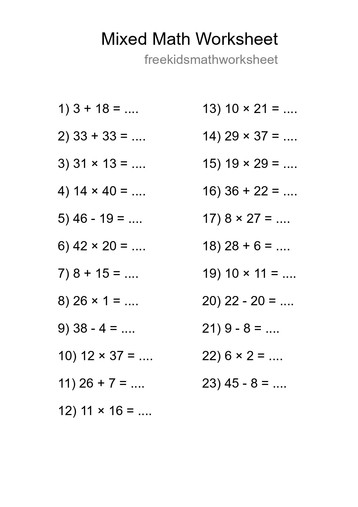 Mixed Operations Math Worksheet