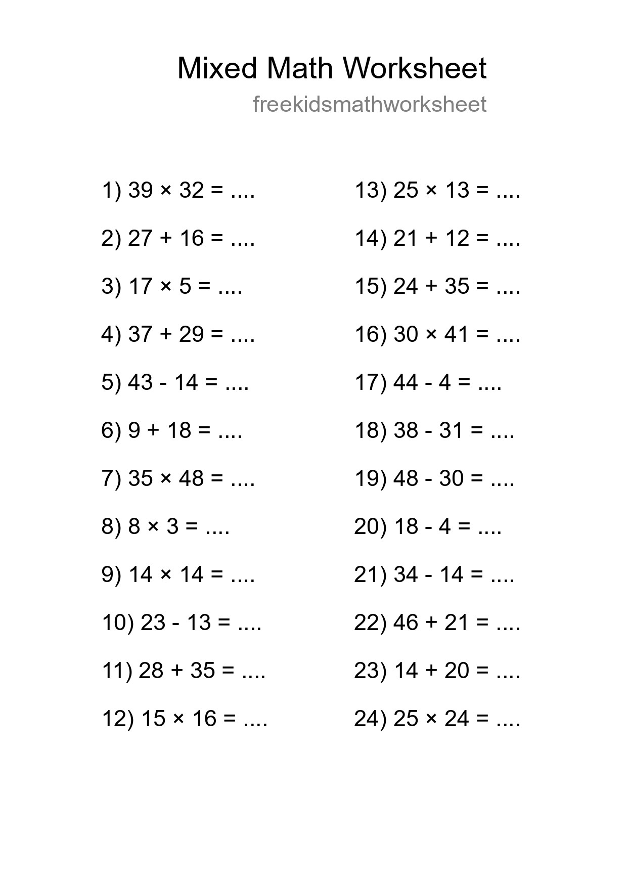 Mixed Operations Math Worksheet