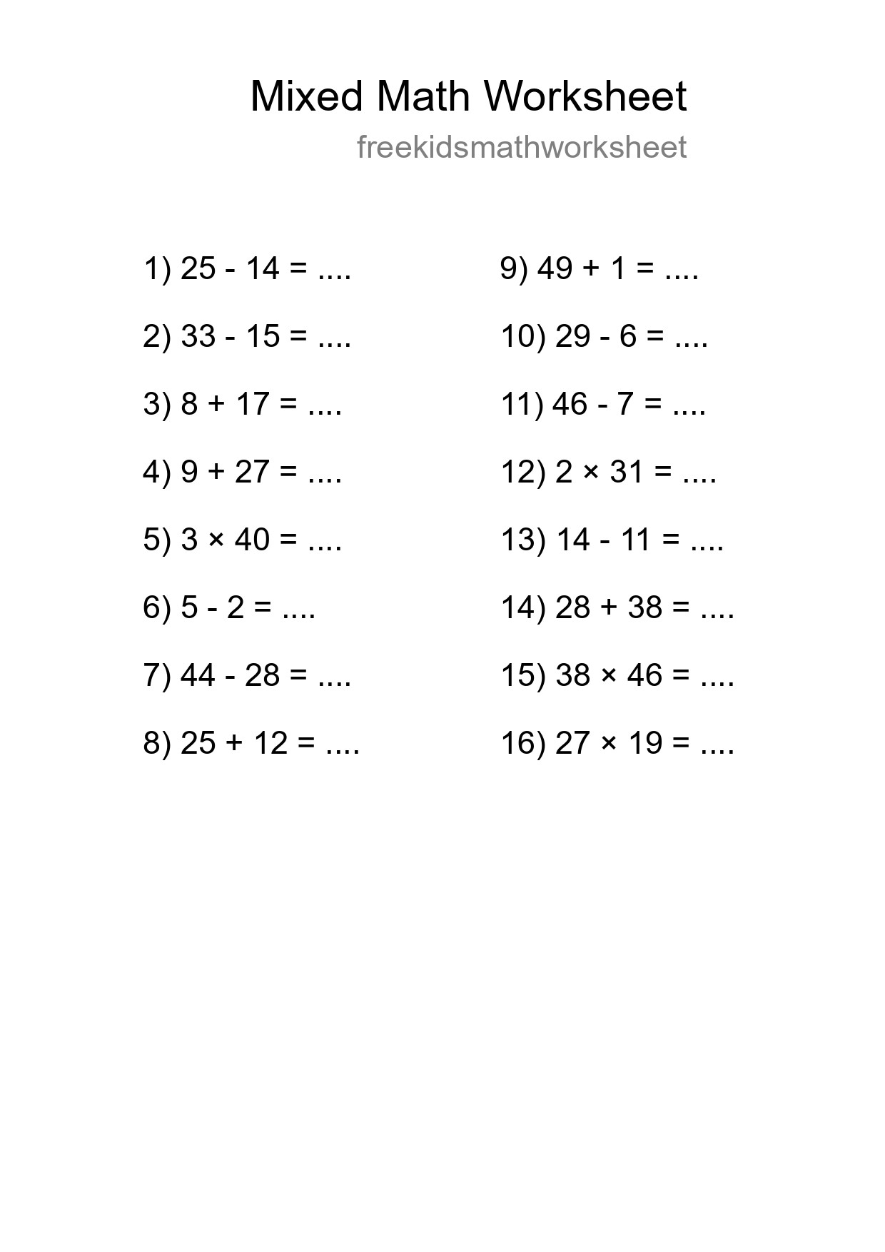 Mixed Operations Math Worksheet