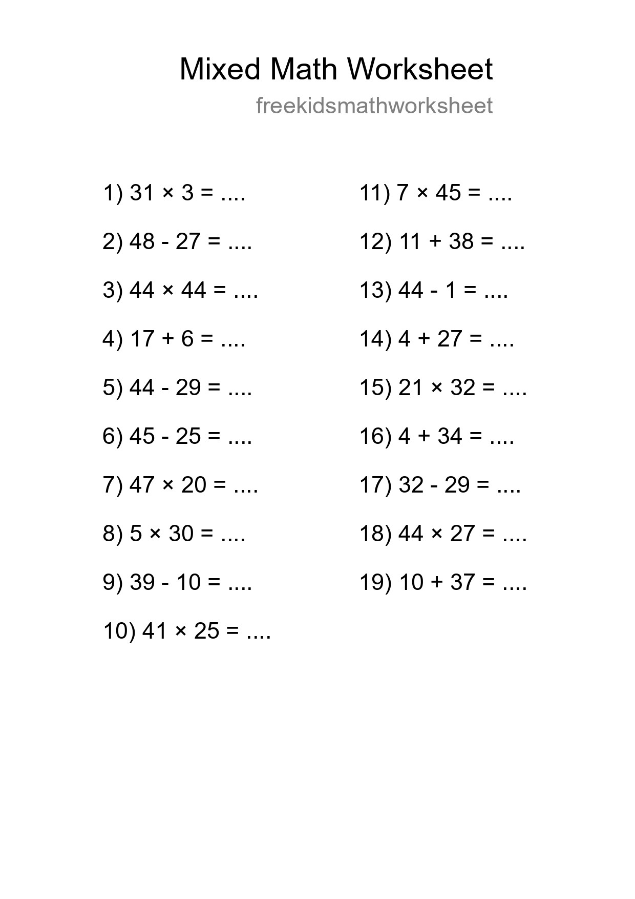 Mixed Operations Math Worksheet
