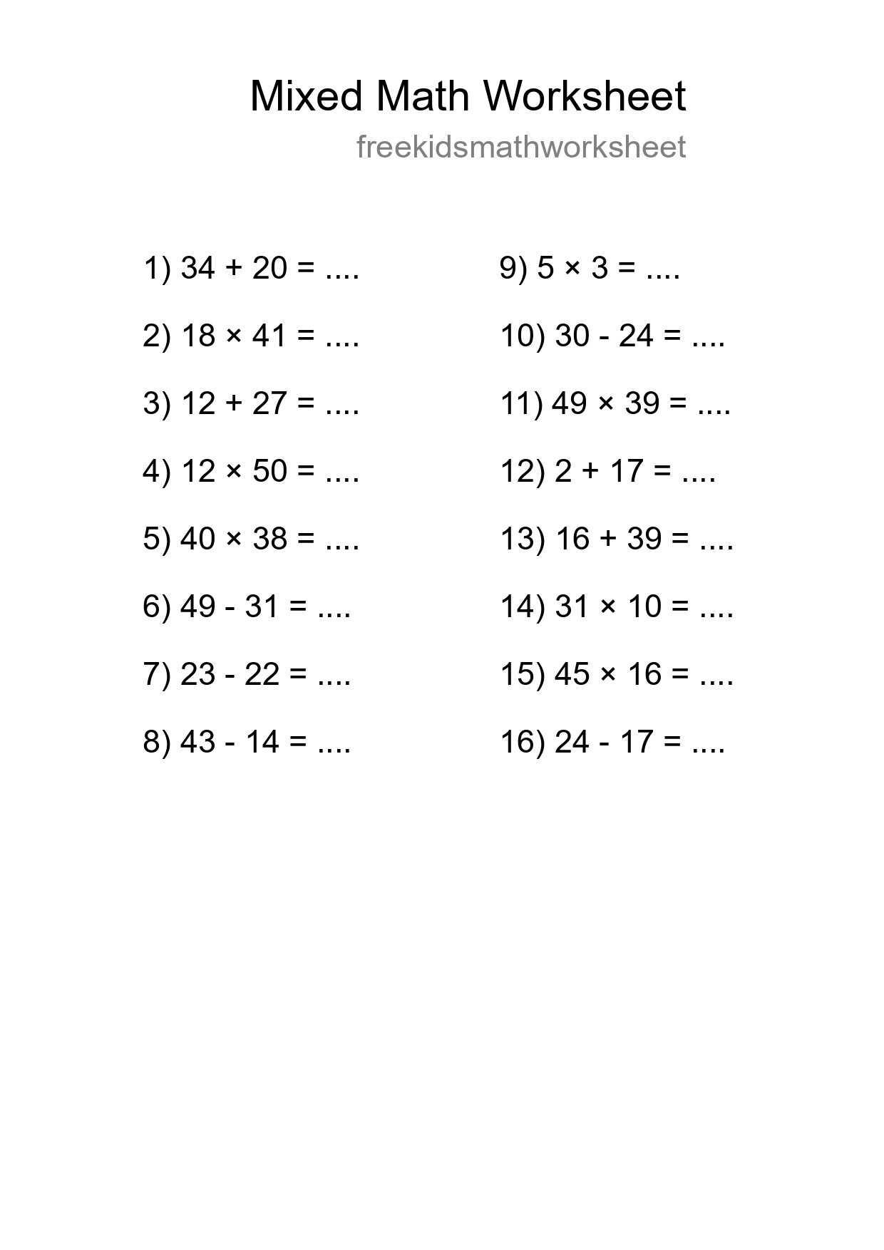 Mixed Operations Math Worksheet