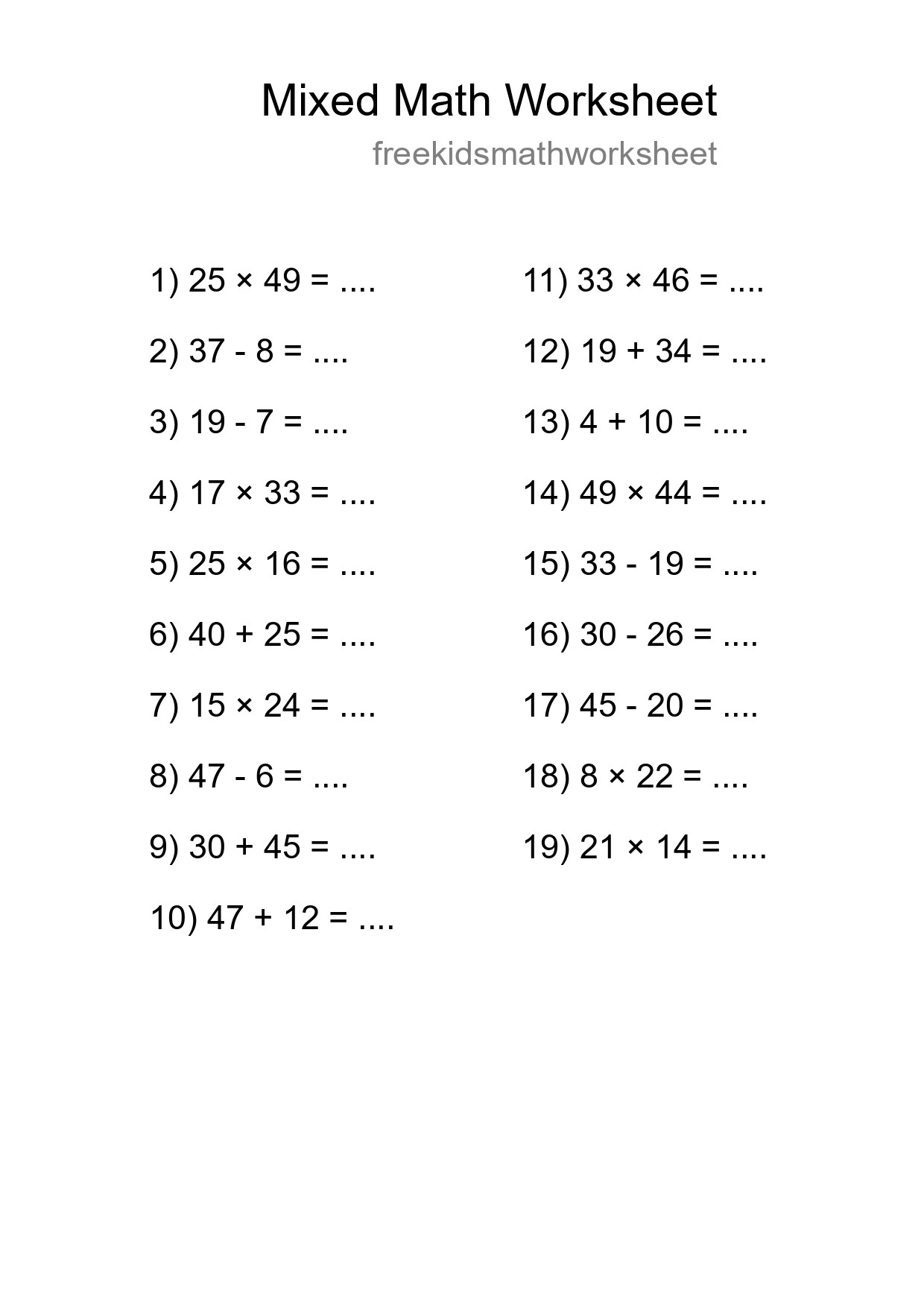 Mixed Operations Math Worksheet