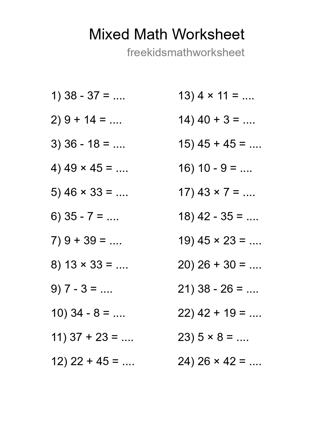 Mixed Operations Math Worksheet