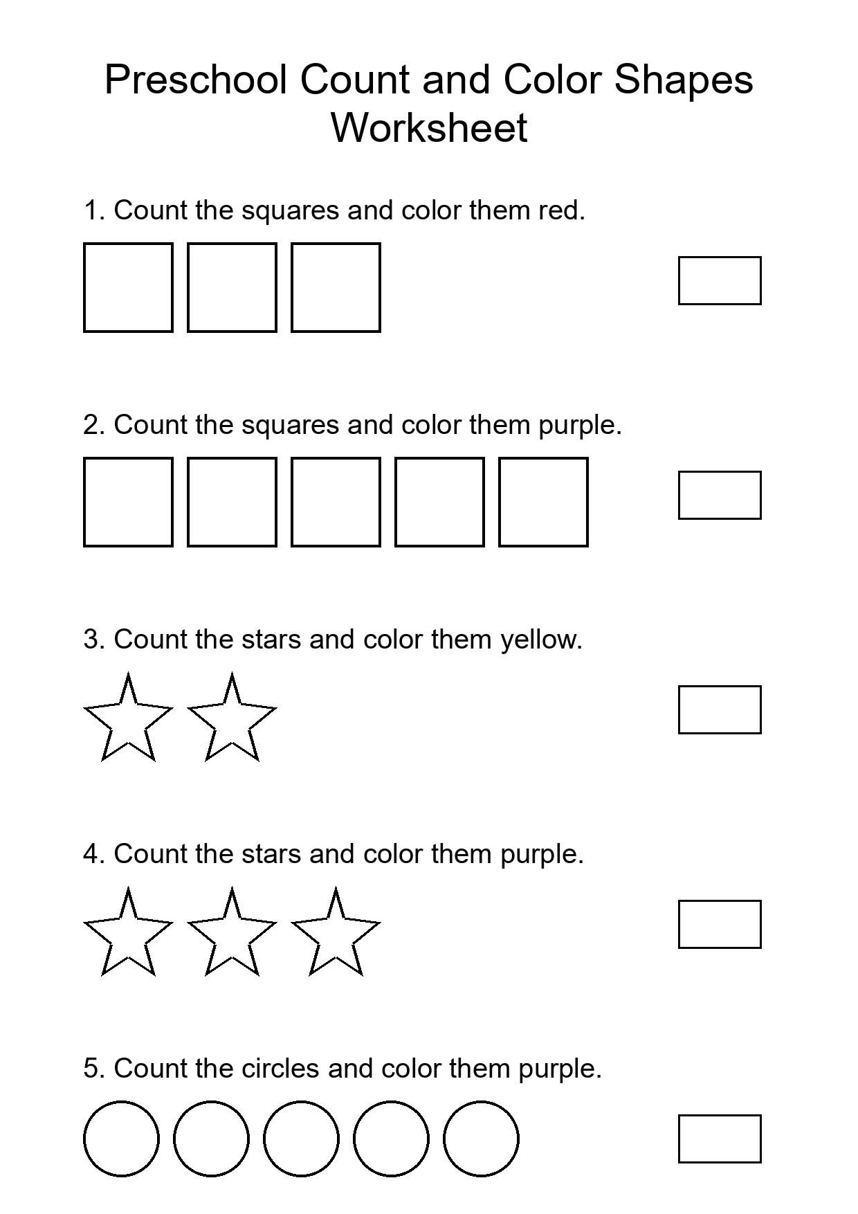 Preschool Count and Color Shapes Worksheet