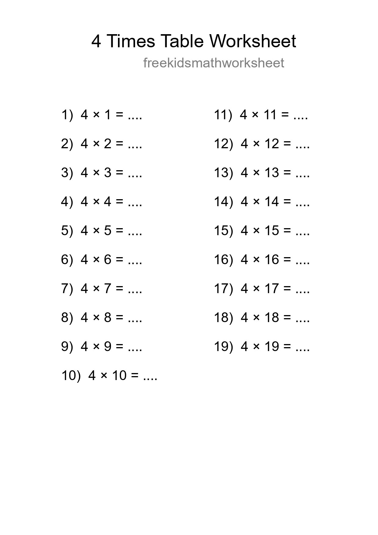 Printable 4 Times Table Worksheet For Grade 2 - Part 97