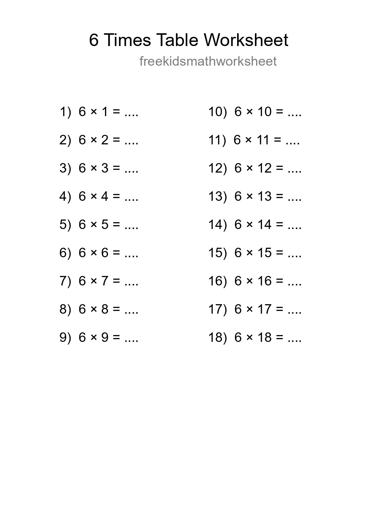 Printable 6 Times Table Worksheet For Grade 3 - Part 174