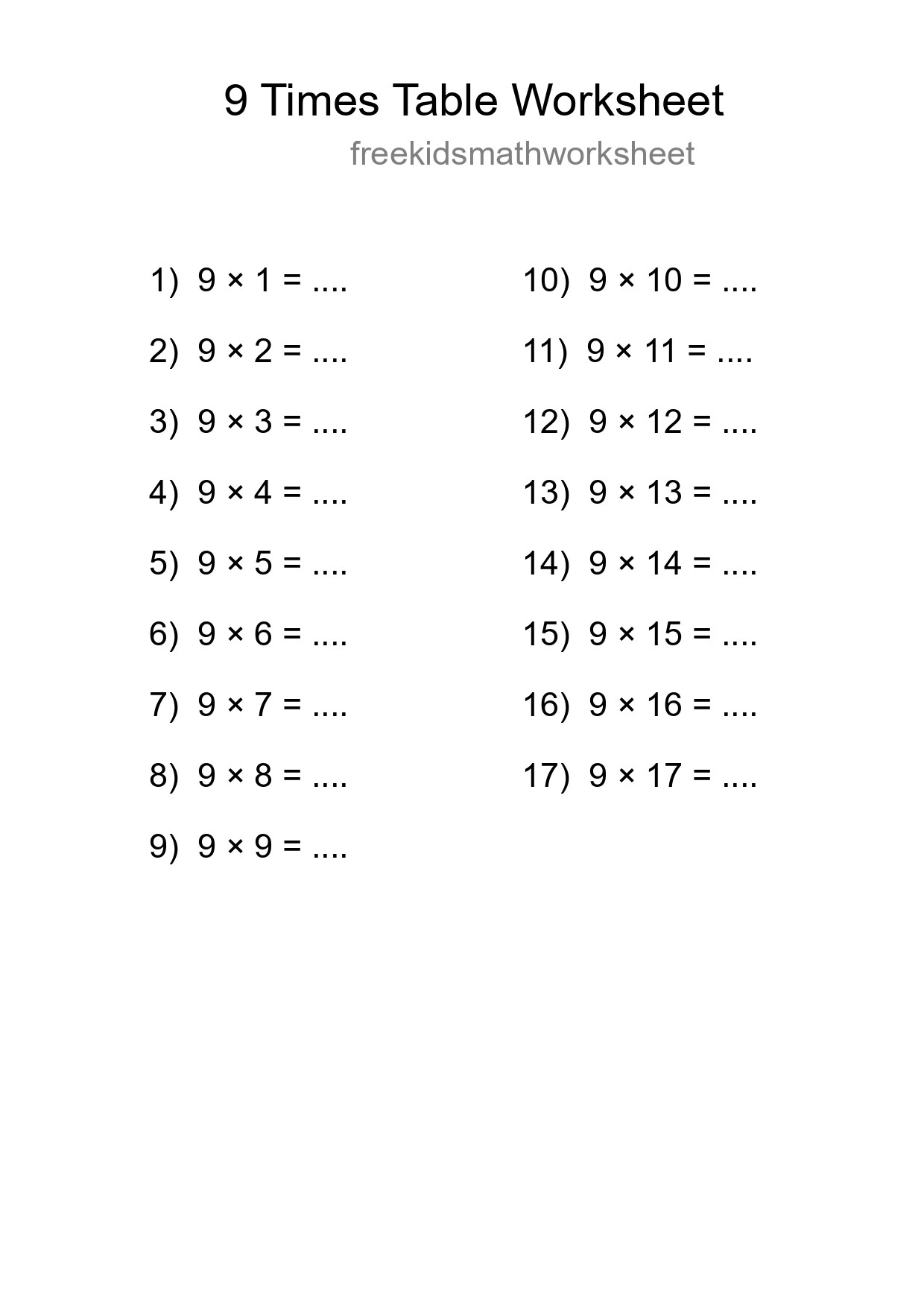 Printable 9 Times Table Worksheet For Grade 3 - Part 20