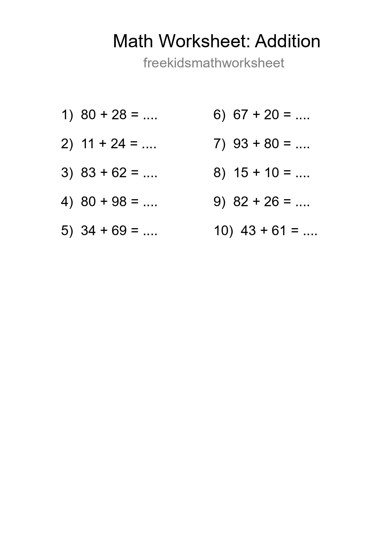 Printable Free 10 Addition Math Worksheet For Grade 3 - Part 232