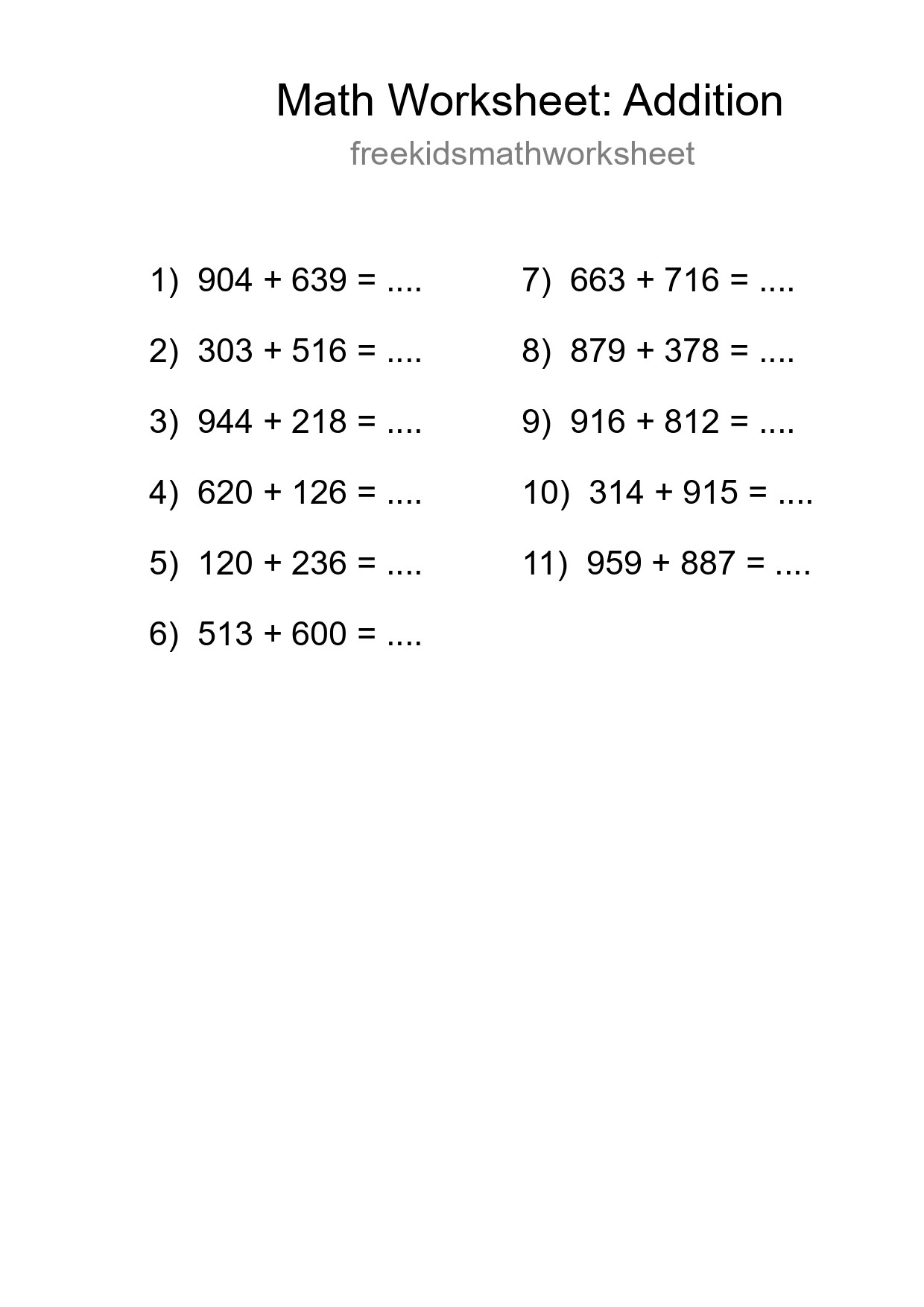Printable Free 11 Addition Math Worksheet For Grade 5 - Part 298