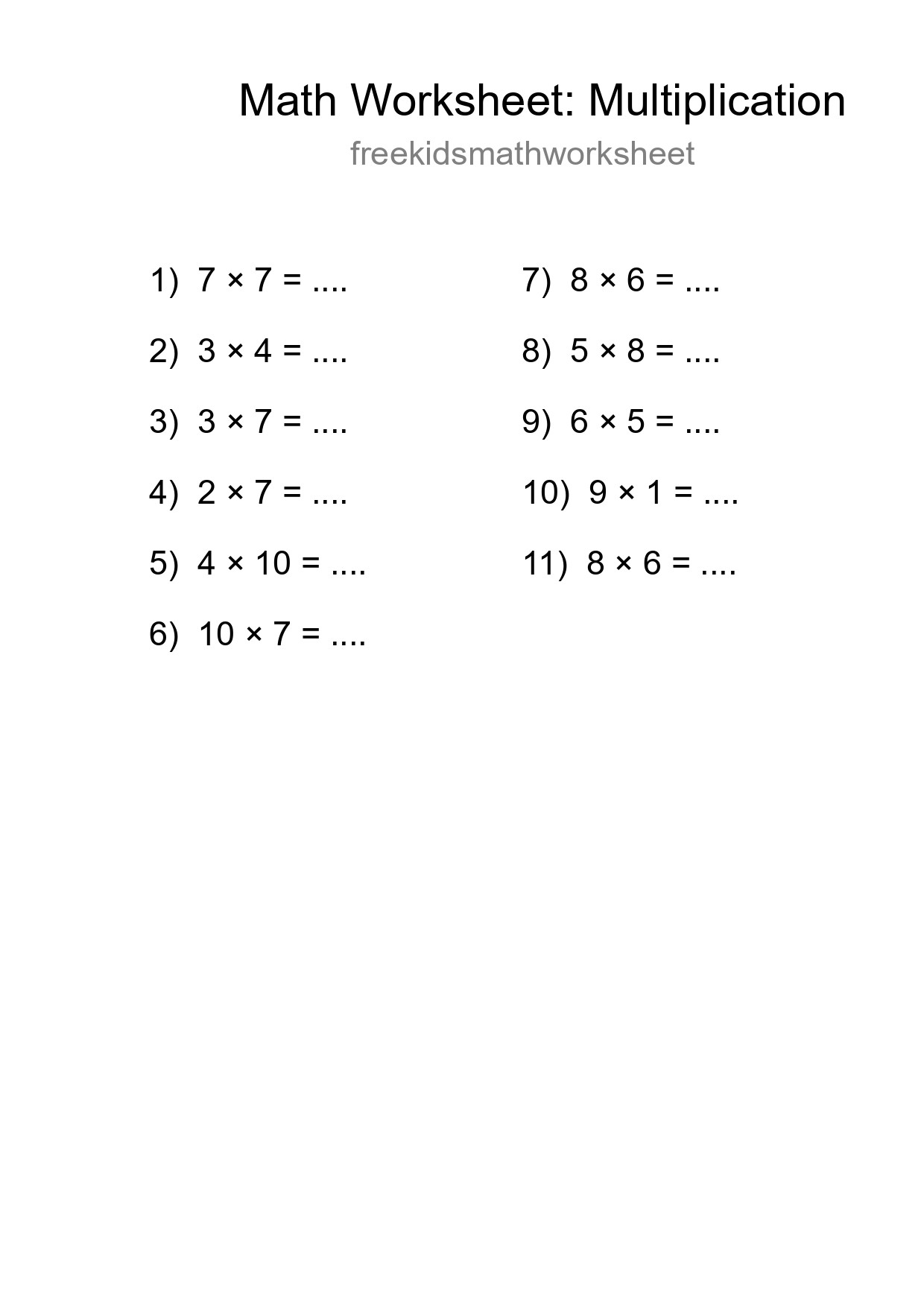 Printable Free 11 Multiplication Math Worksheet For Grade 1 - Part 205