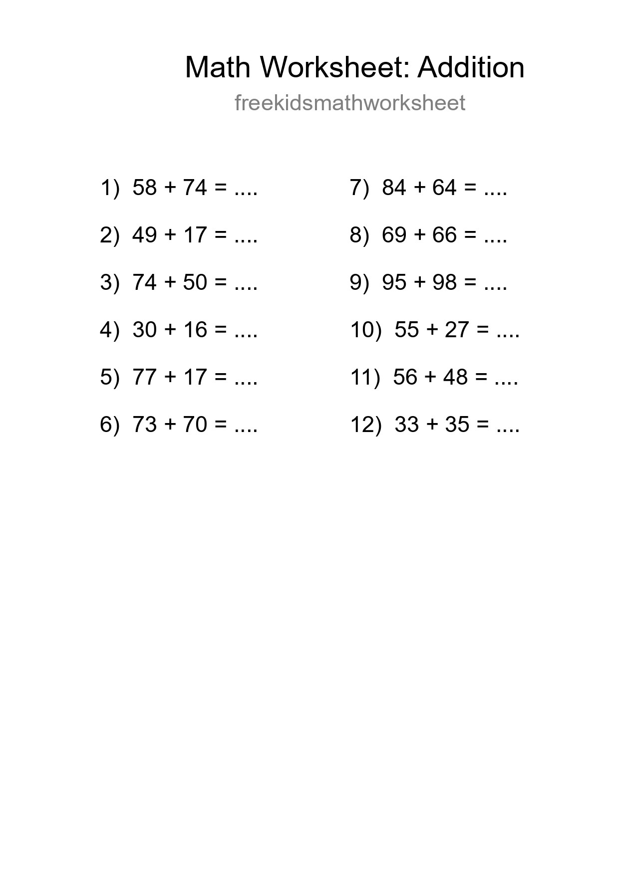 Printable Free 12 Addition Math Worksheet For Grade 3 - Part 67