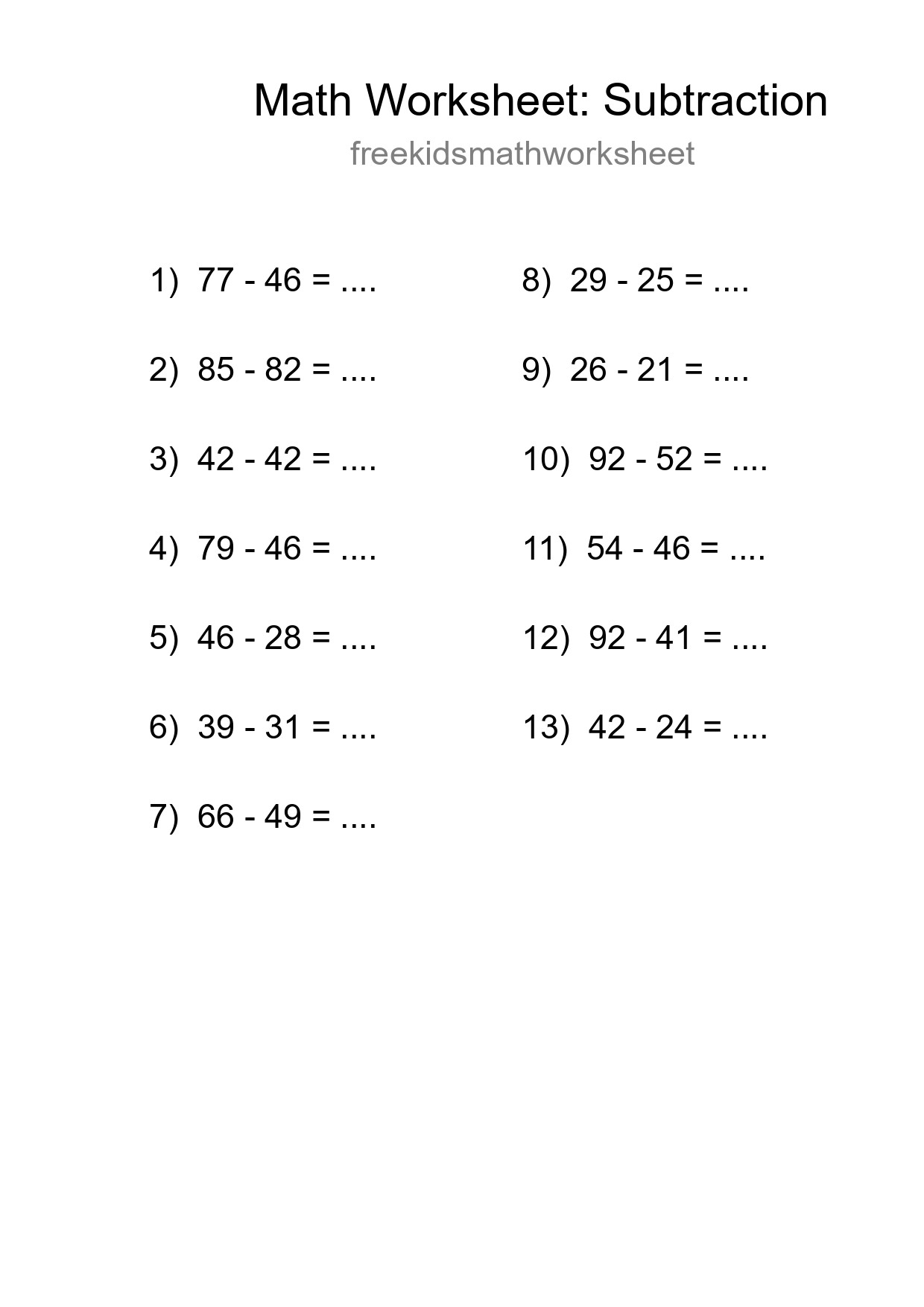 Printable Free 13 Subtraction Math Worksheet For Grade 3 - Part 107