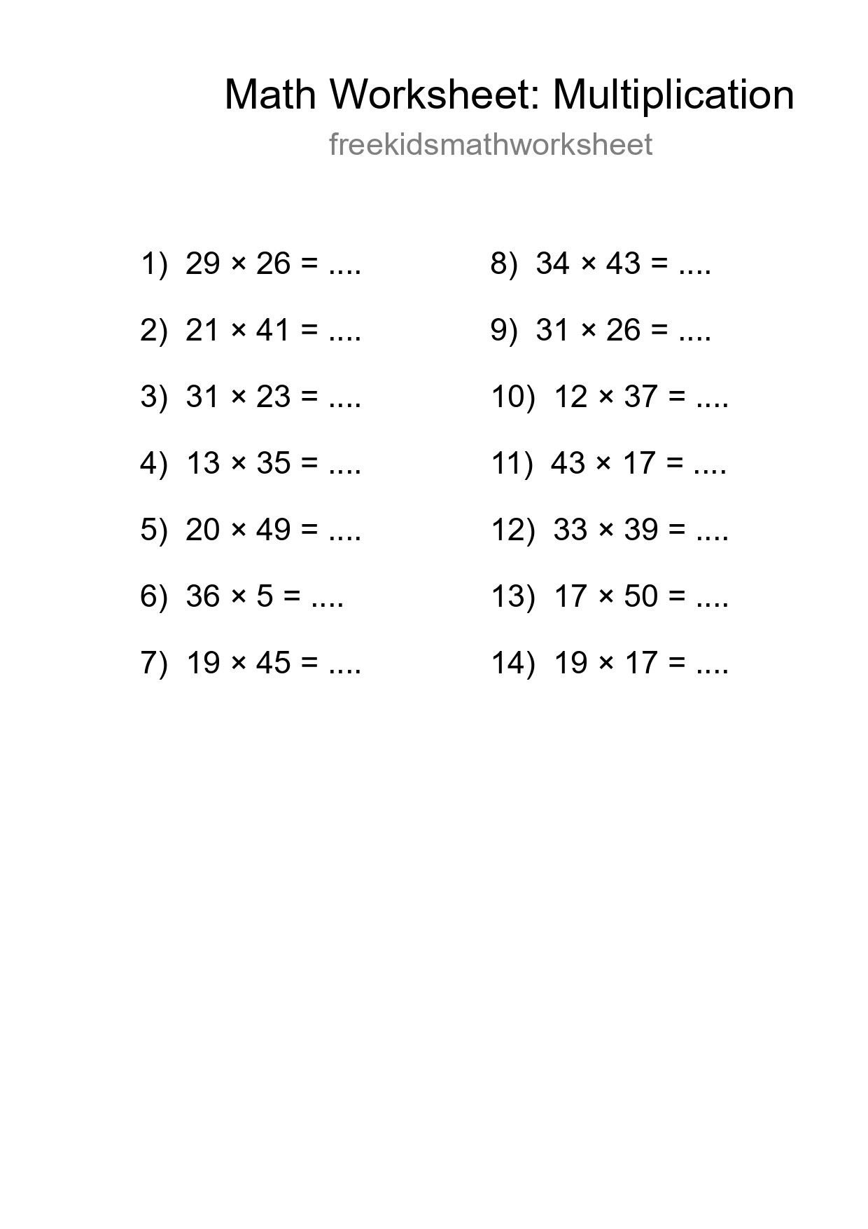Printable Free 14 Multiplication Math Worksheet For Grade 2 - Part 128